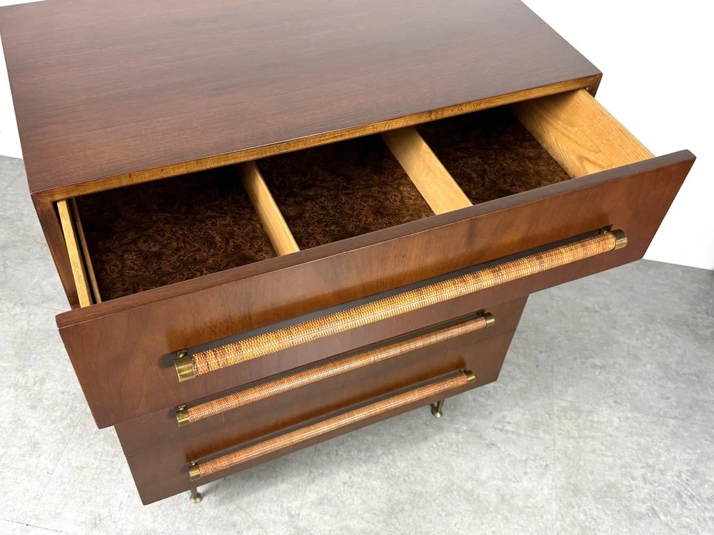 vintage mid century modern original robsjohn gibbings widdicomb dresser chest of drawers, dunbar dresser, brass leg italian dresser, cane handles 1950s