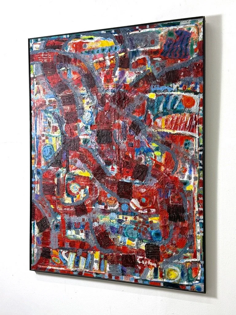 vintage mid century modern original abstract oil painting red large oversized 5 ft painting colorful multi color street art brutalist art large painting