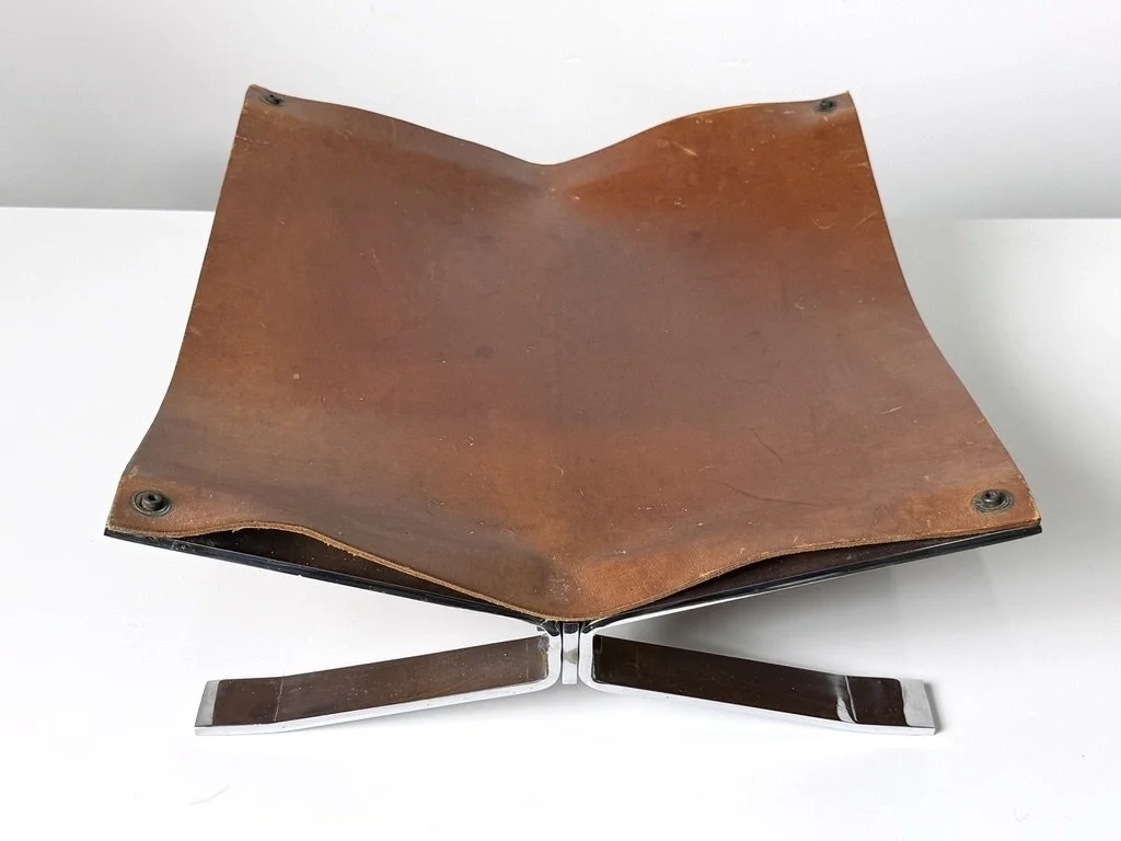 vintage mid century modern detroit michigan leather chrome magazine holder log rack italian rare unique leather sling mies van der rohe barcelona 1970s log rack