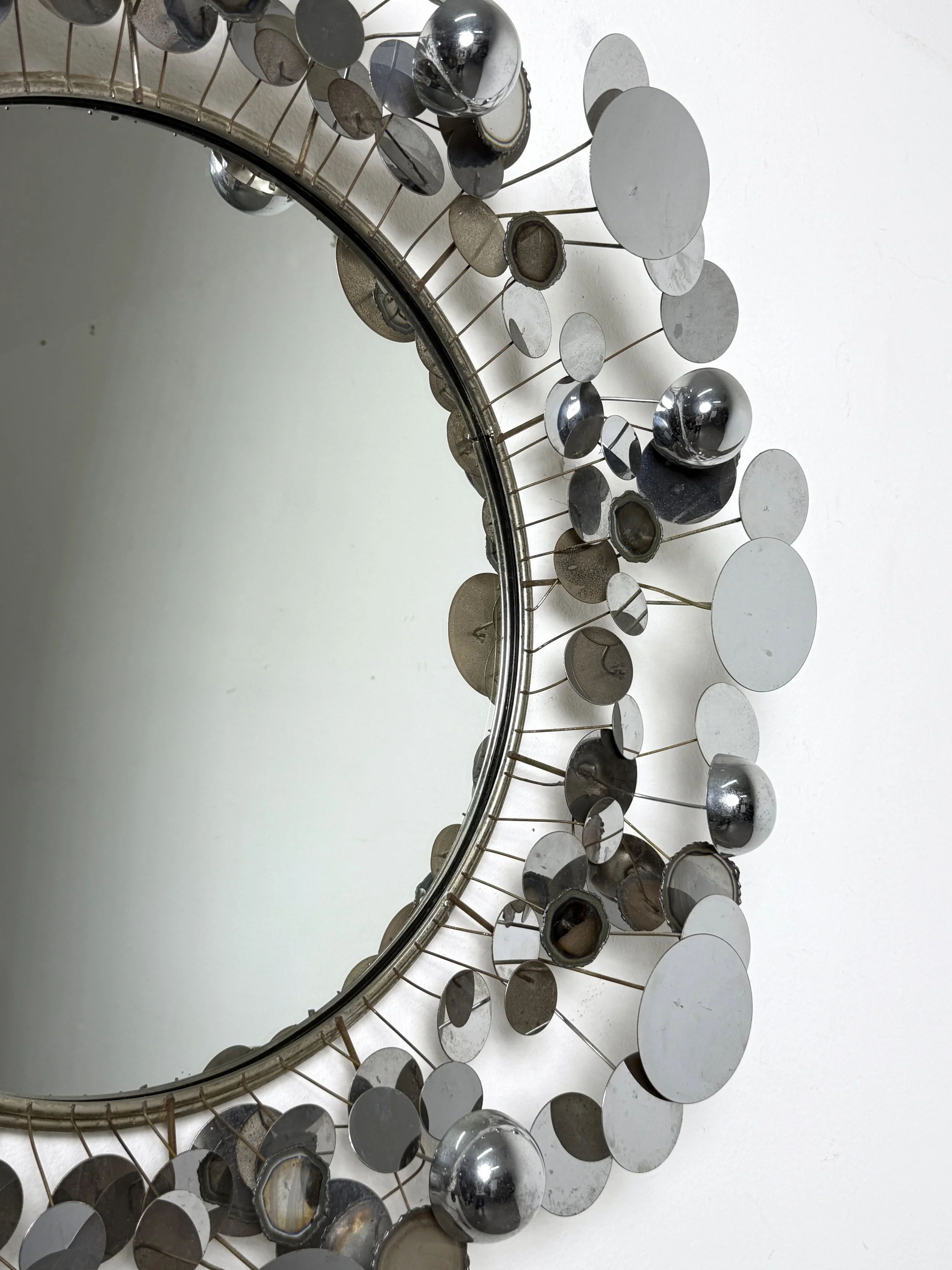 vintage mid century modern detroit michigan curtis jere chrome raindrops wall art sculpture mirror round three dimensional pop art sculpture 1970s