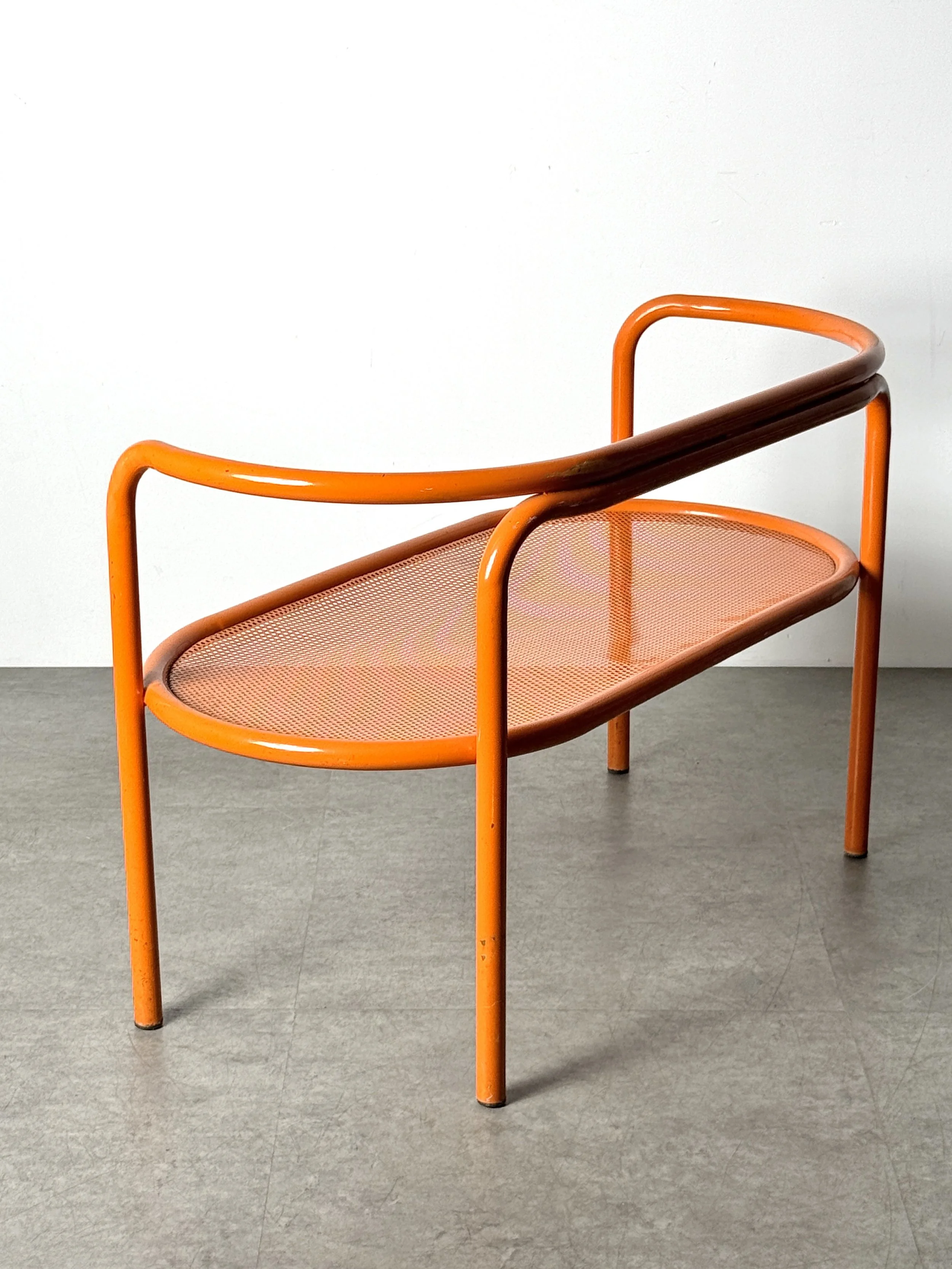 vintage mid century modern detroit michigan italian french patio outdoor bench settee modernist orange perforated metal bench pop art space age post modern seating