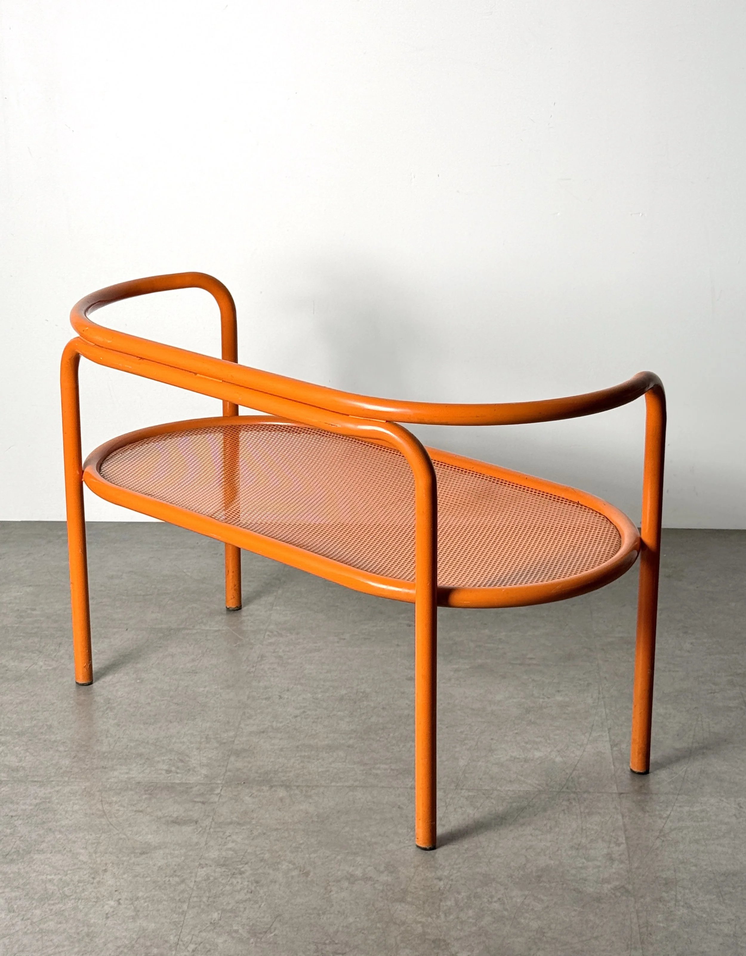 vintage mid century modern detroit michigan italian french patio outdoor bench settee modernist orange perforated metal bench pop art space age post modern seating
