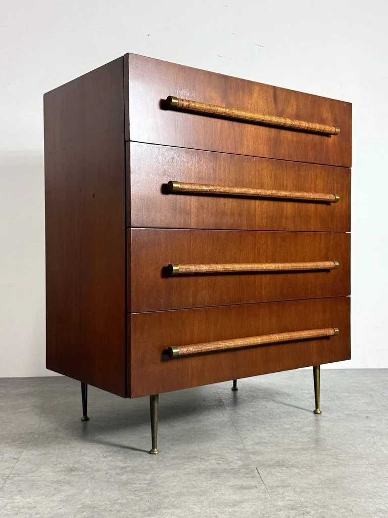 vintage mid century modern original robsjohn gibbings widdicomb dresser chest of drawers, dunbar dresser, brass leg italian dresser, cane handles 1950s