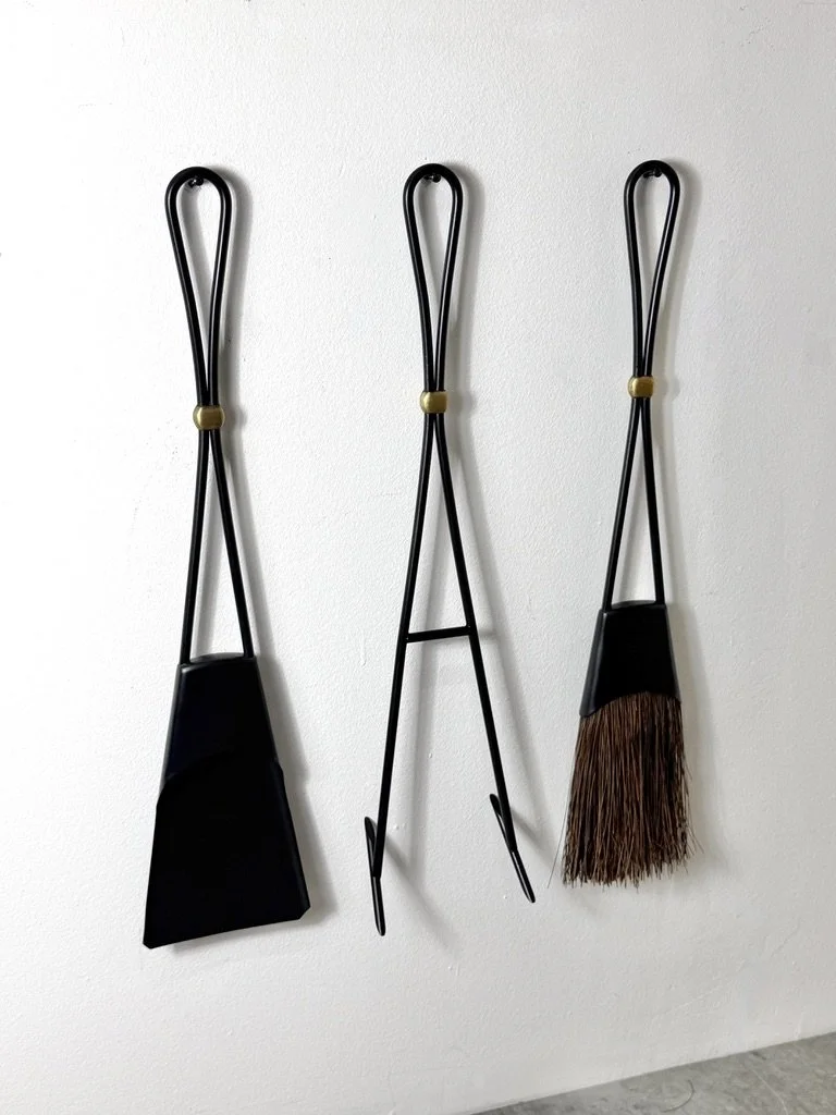 mid century modern fireplace tool set danish fire tools rare set of fire tools scandinavian Dansk fireplace tools Jens Quistgaard modernist wall mounted hanging fire tool set