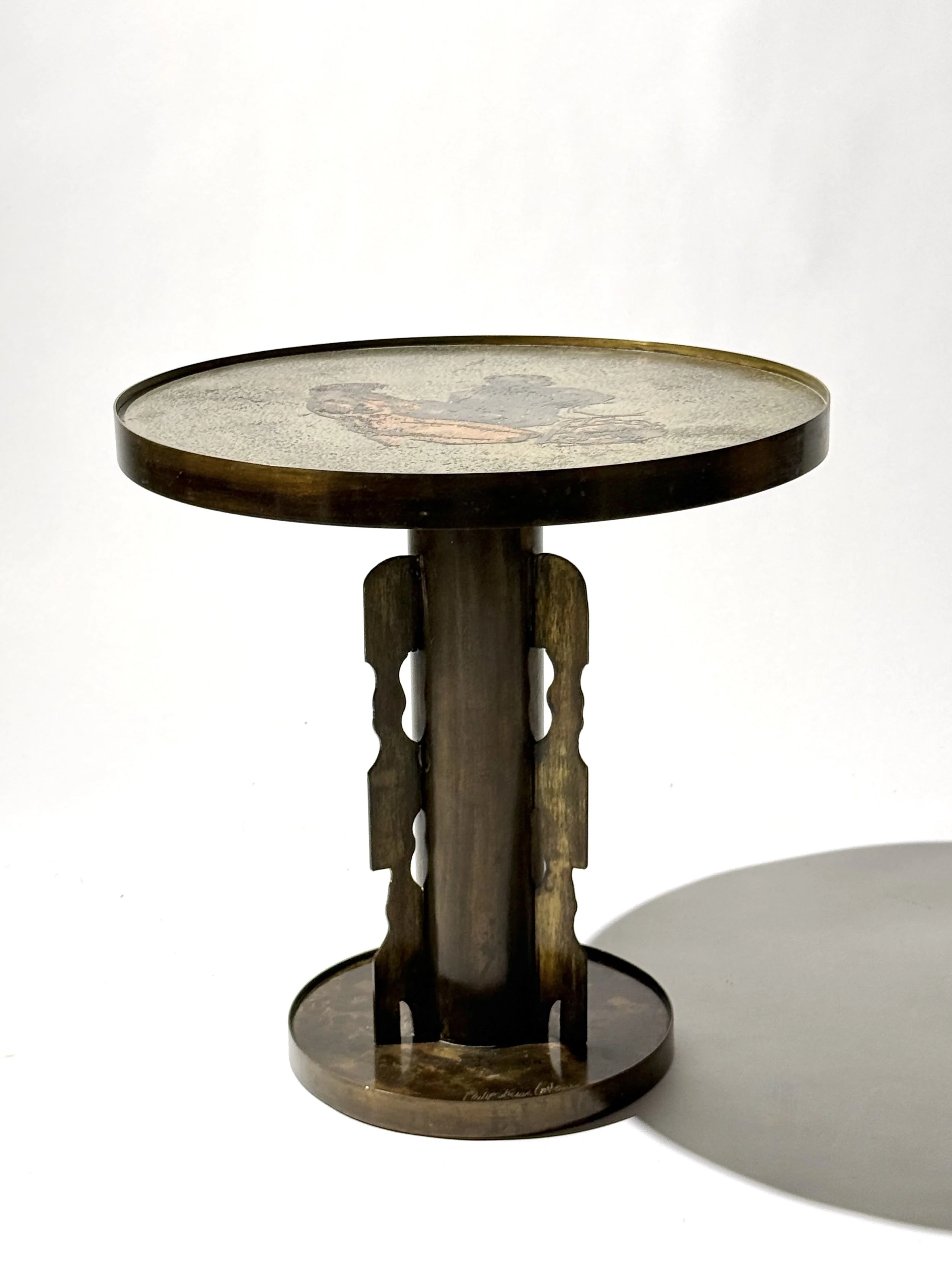 mid century philip and kelvin laverne brass side table pedestal table patinated acid etched bronze round occasional table picasso antique sculptural side table