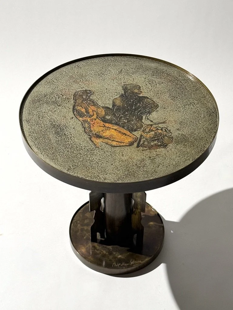 mid century philip and kelvin laverne brass side table pedestal table patinated acid etched bronze round occasional table picasso antique sculptural side table