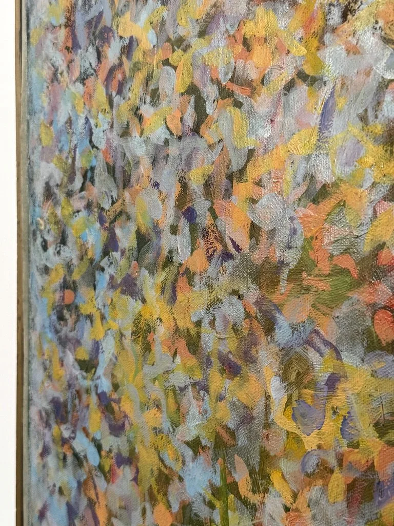 vintage mid century modern original abstract oil painting signed cranbrook detroit blue organic rare modernist unique colorful multi color abstract painting muted