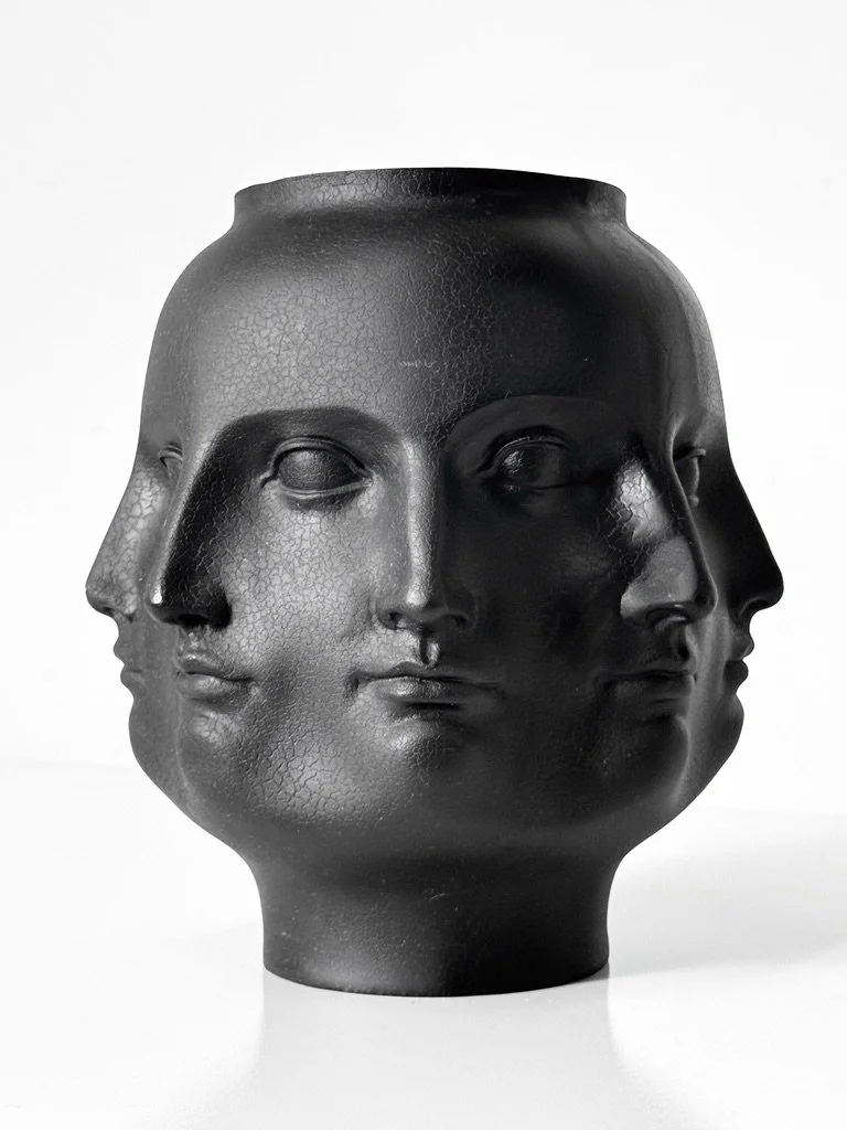 vintage mid century modern black ceramic face vase fornasetti vase unique decorative sculpture surrealist pop art conversation piece multi face vase