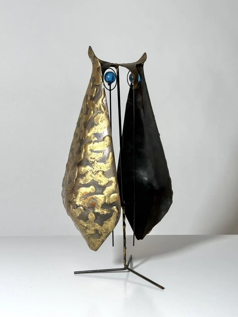 vintage mid century modern brutalist brass metal owl sculpture rare unique mexican curtis jere owl abstract wire sculpture 1960s