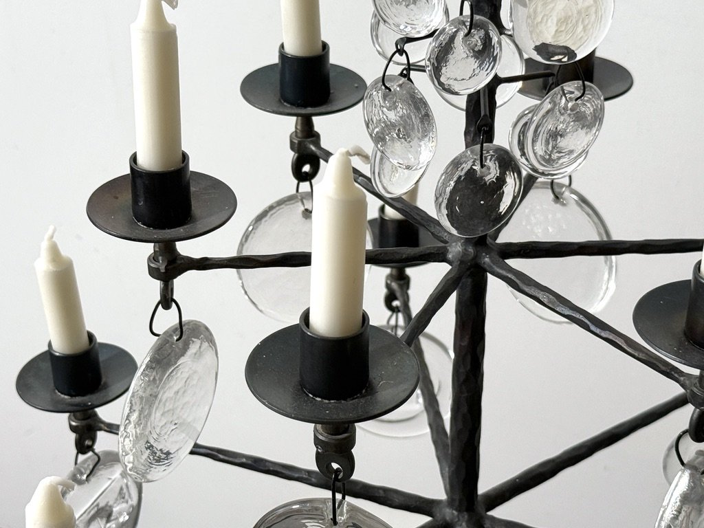 vintage mid century modern brutalist floor lamp floor standing candelabra candelabrum rare unique gothic forged iron hammered iron glass pendant chandelier floor lamp
