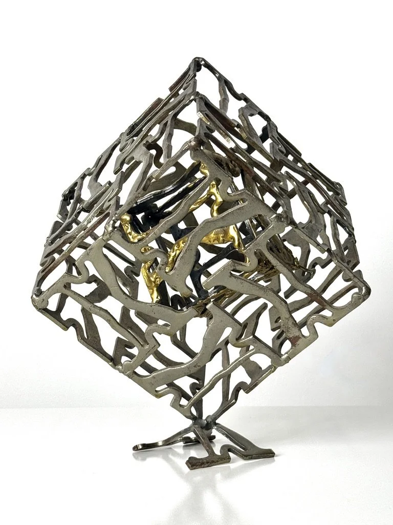 vintage mid century modern abstract metal cube sculpture steel brass welded large tabletop brutalist sculpture modernist geometric original sculpture