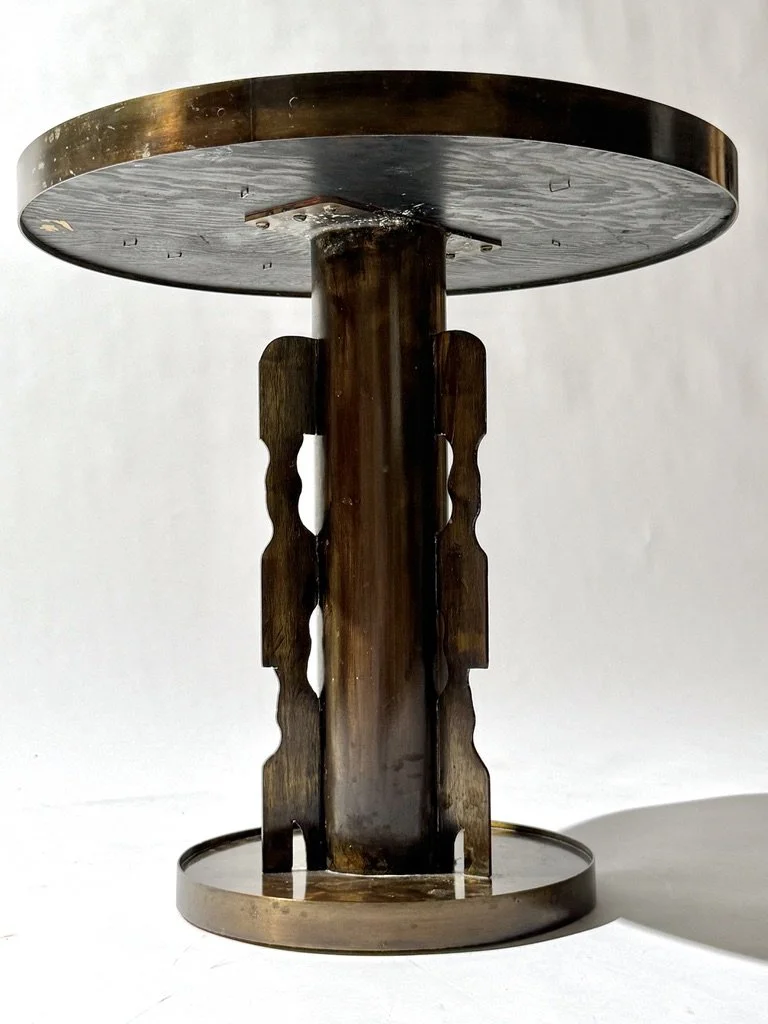 mid century philip and kelvin laverne brass side table pedestal table patinated acid etched bronze round occasional table picasso antique sculptural side table