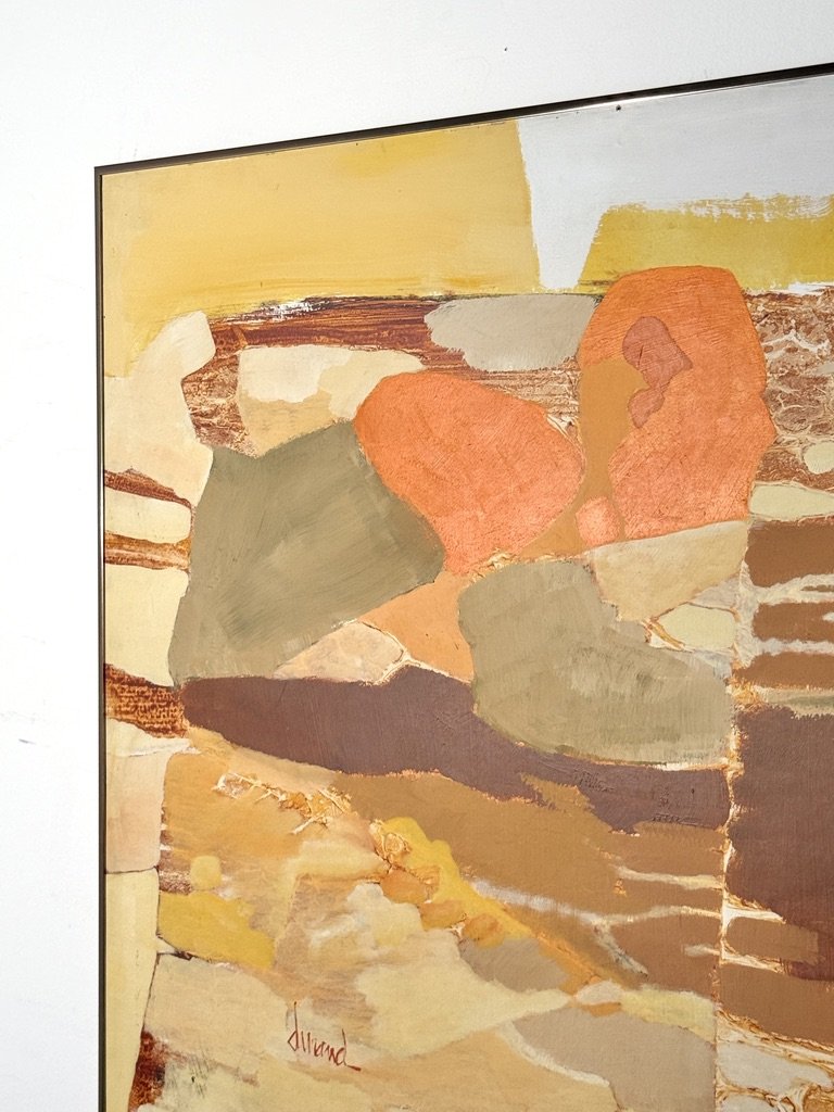 vintage mid century modern abstract organic color block oil painting on canvas signed Joel Durand large earth tone muted orange painting