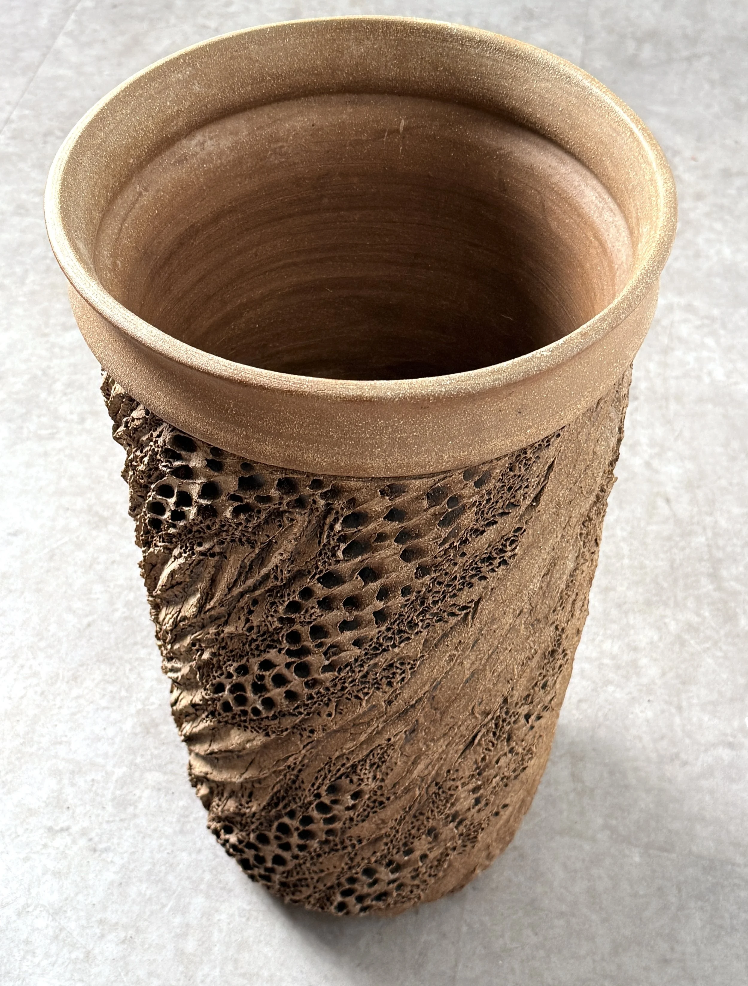 vintage mid century modern stoneware ceramic sculptural planter textured anne goldman david cressey stan bitters modernist rare unqiue tall cylinder planter