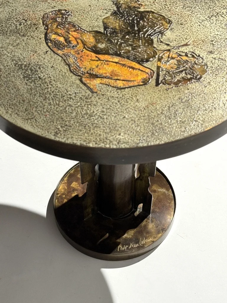 mid century philip and kelvin laverne brass side table pedestal table patinated acid etched bronze round occasional table picasso antique sculptural side table