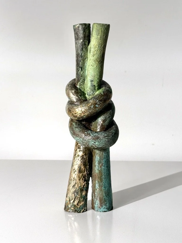 vintage mid century modern abstract bronze narrow sculpture verdigris patina knot sculpture cranbrook detroit artist unique table top sculpture solid bronze