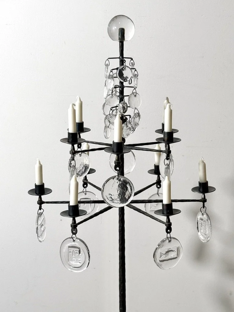 vintage mid century modern brutalist floor lamp floor standing candelabra candelabrum rare unique gothic forged iron hammered iron glass pendant chandelier floor lamp