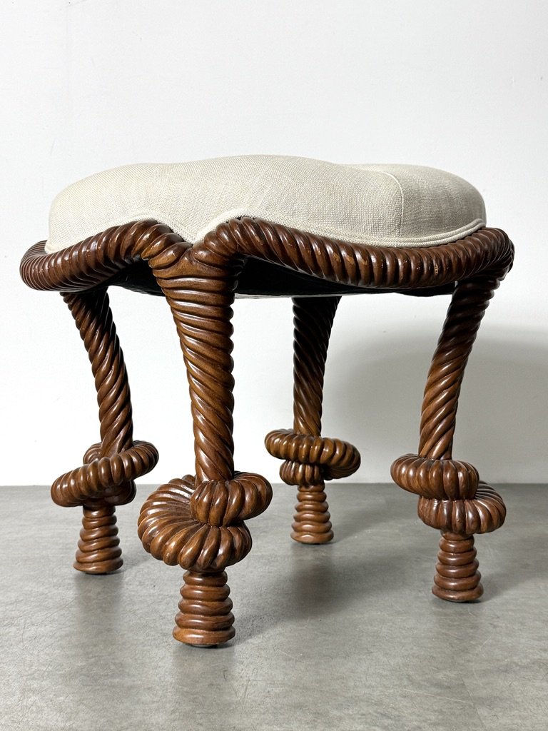 vintage mid century modern unique sculptural rare vanity stool carved wood rope knot twist decorative occasional stool bunny williams rope stool ballard designs