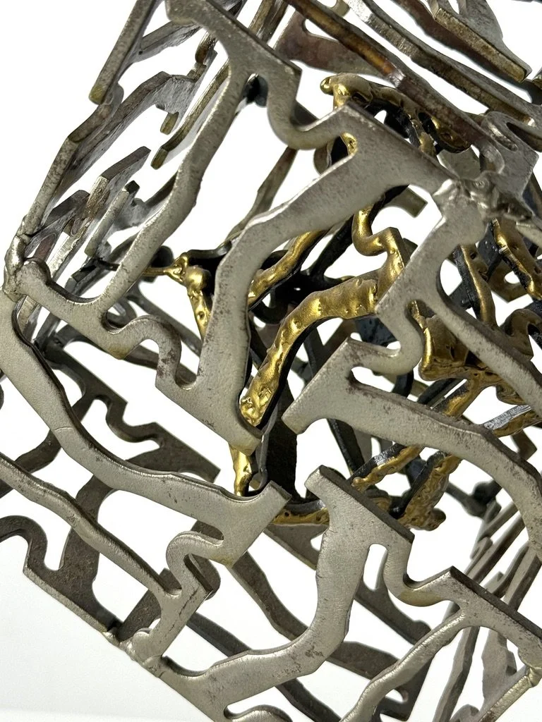 vintage mid century modern abstract metal cube sculpture steel brass welded large tabletop brutalist sculpture modernist geometric original sculpture