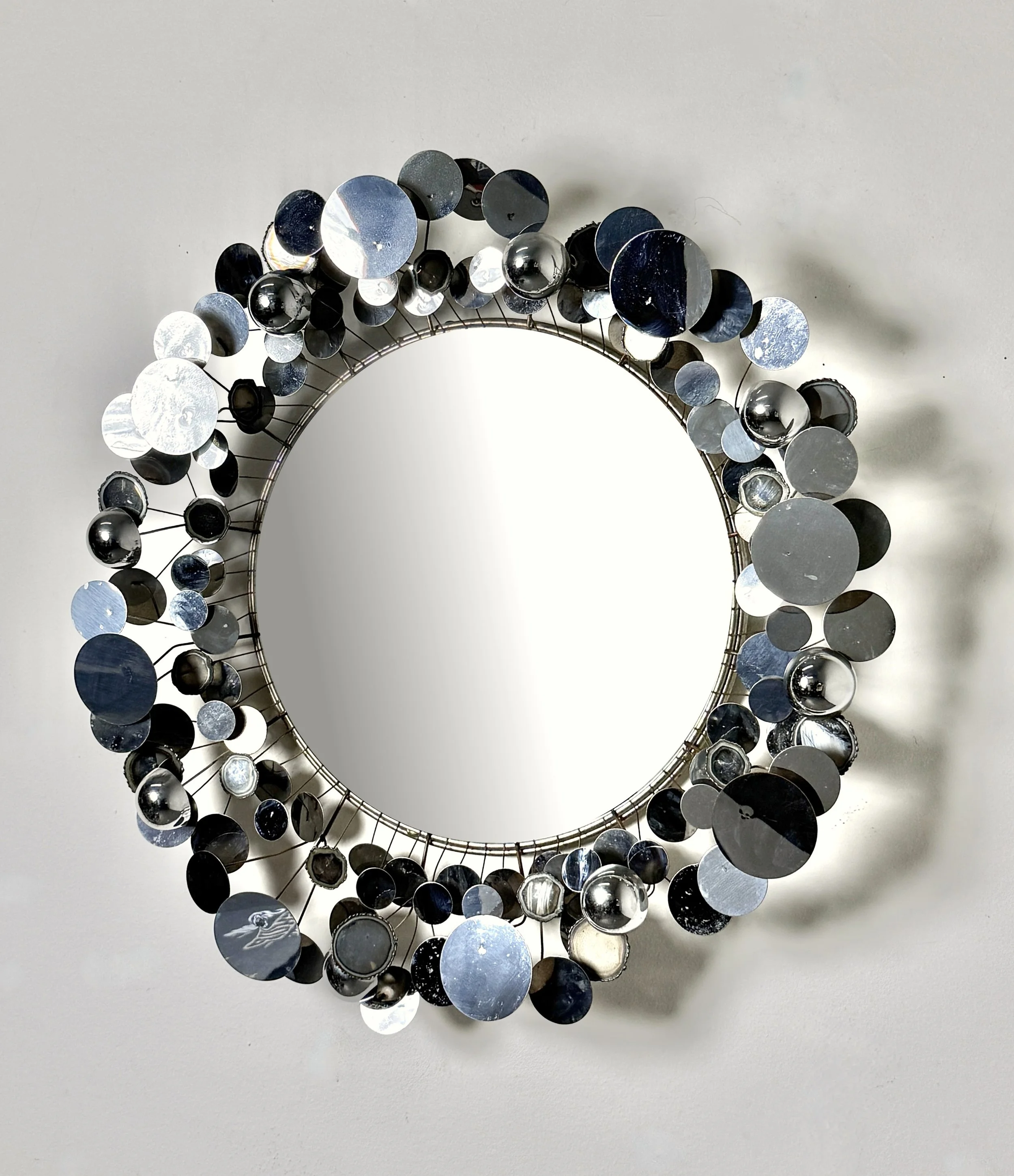 vintage mid century modern detroit michigan curtis jere chrome raindrops wall art sculpture mirror round three dimensional pop art sculpture 1970s
