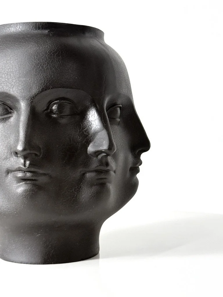 vintage mid century modern black ceramic face vase fornasetti vase unique decorative sculpture surrealist pop art conversation piece multi face vase