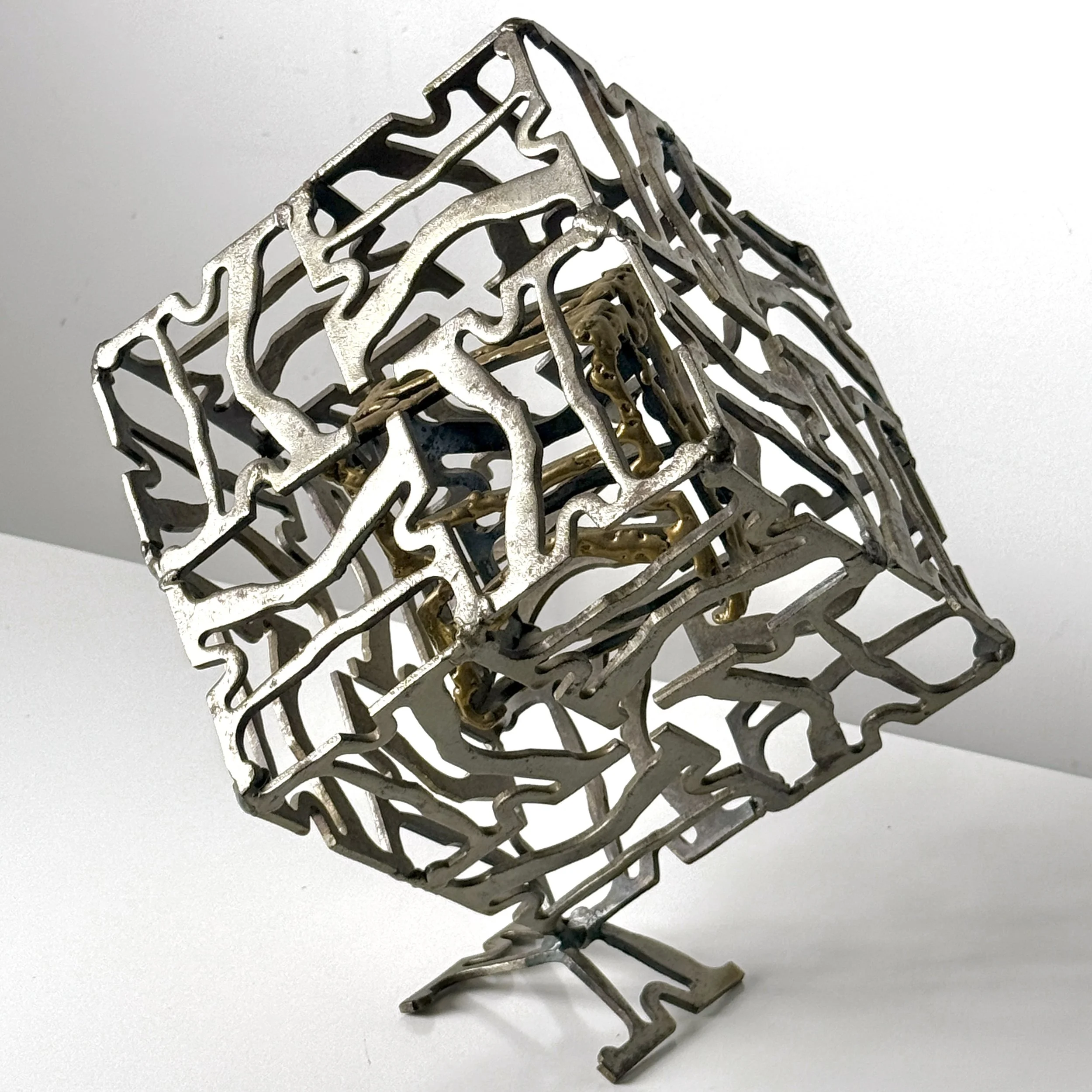 vintage mid century modern abstract metal cube sculpture steel brass welded large tabletop brutalist sculpture modernist geometric original sculpture