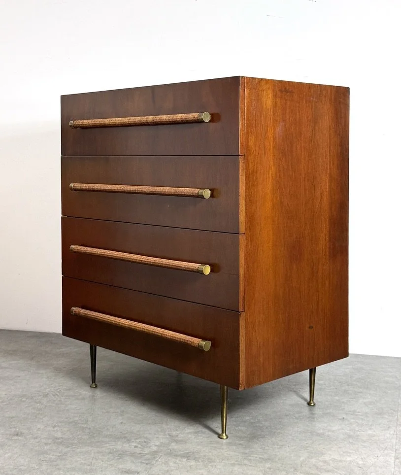 vintage mid century modern original robsjohn gibbings widdicomb dresser chest of drawers, dunbar dresser, brass leg italian dresser, cane handles 1950s