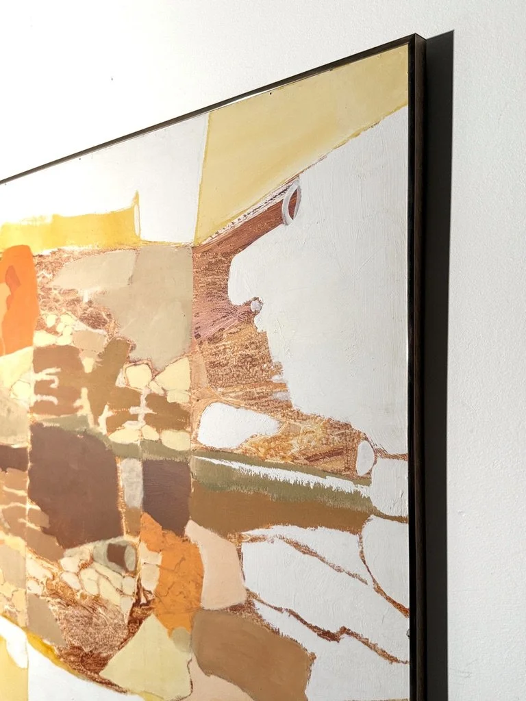 vintage mid century modern abstract organic color block oil painting on canvas signed Joel Durand large earth tone muted orange painting