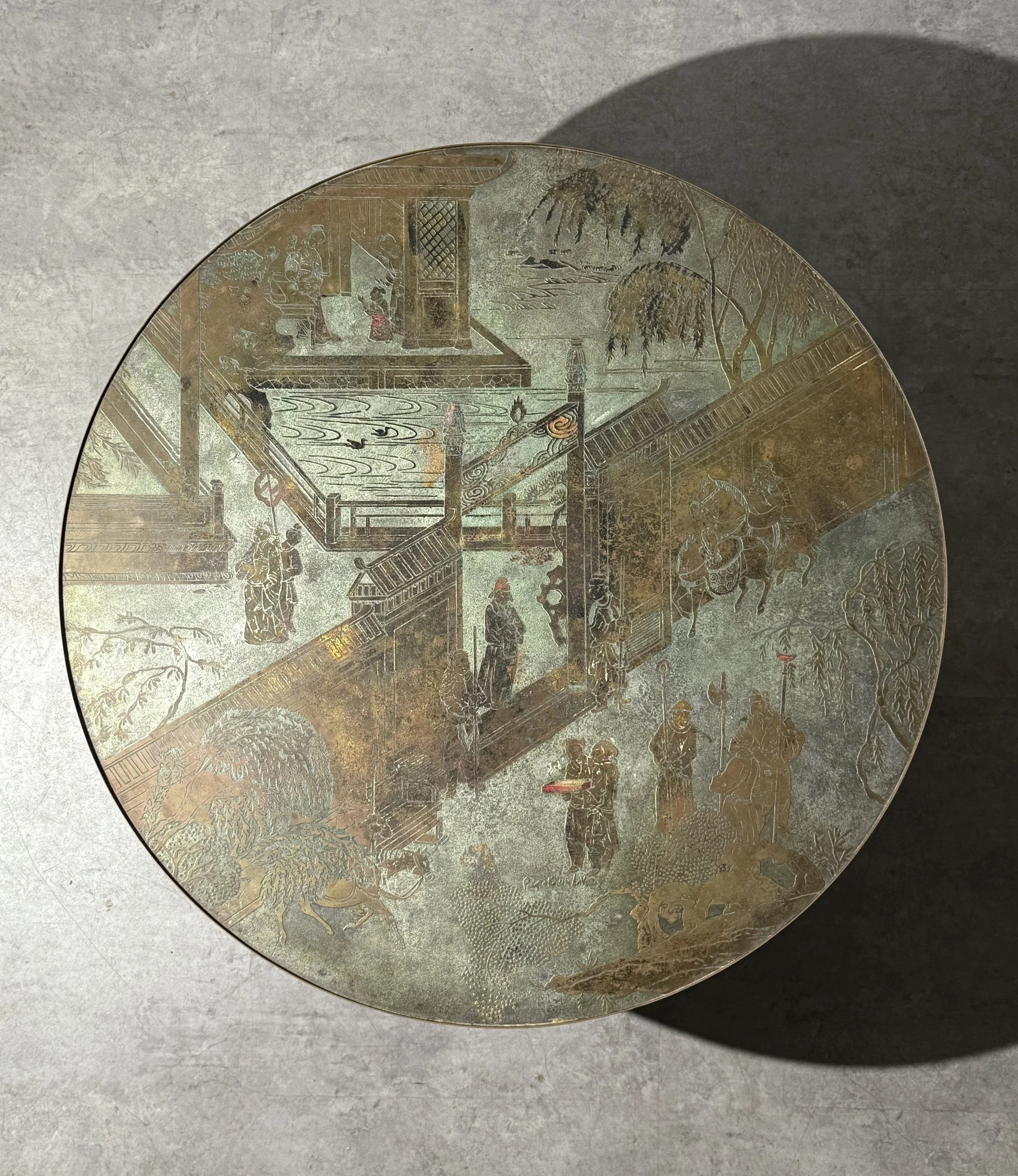 vintage mid century modern laverne bronze round coffee table cocktail table brass asian acid etched coffee table rare sculptural coffee table brass