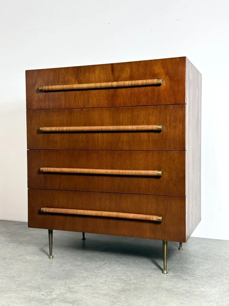 vintage mid century modern original robsjohn gibbings widdicomb dresser chest of drawers, dunbar dresser, brass leg italian dresser, cane handles 1950s