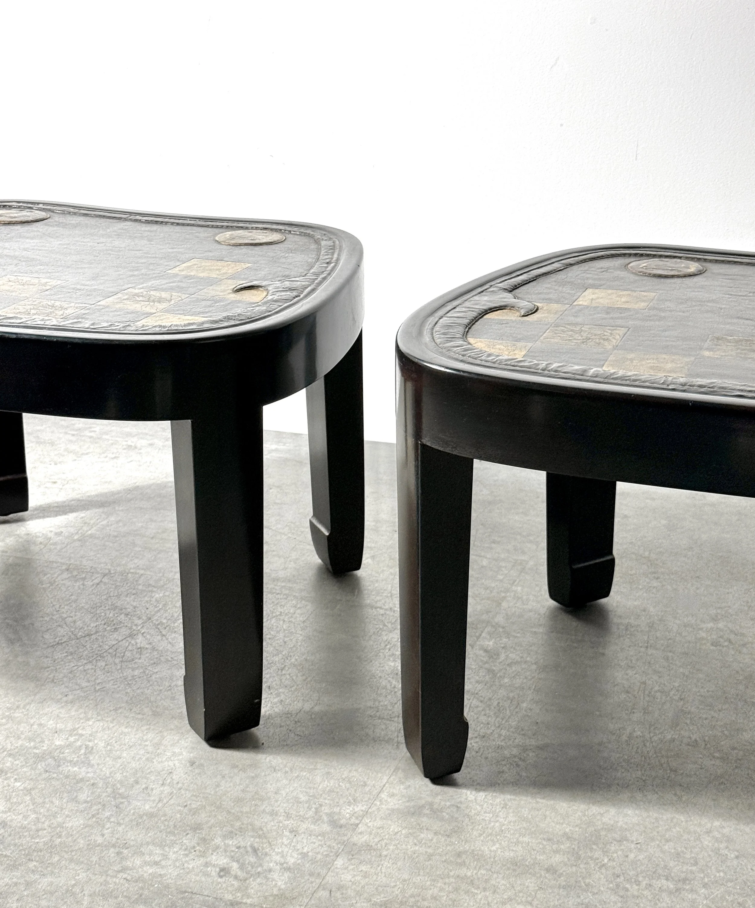 vintage mid century modern japanese leather top gold embossed leather antique side tables coffee table dunbar rare table unique sculptural side tables