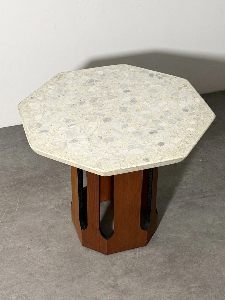 vintage mid century modern travertine terrazzo side table column base pedestal table side table end table occasional table octagon harvey probber dunbar art deco architectural sculptural table