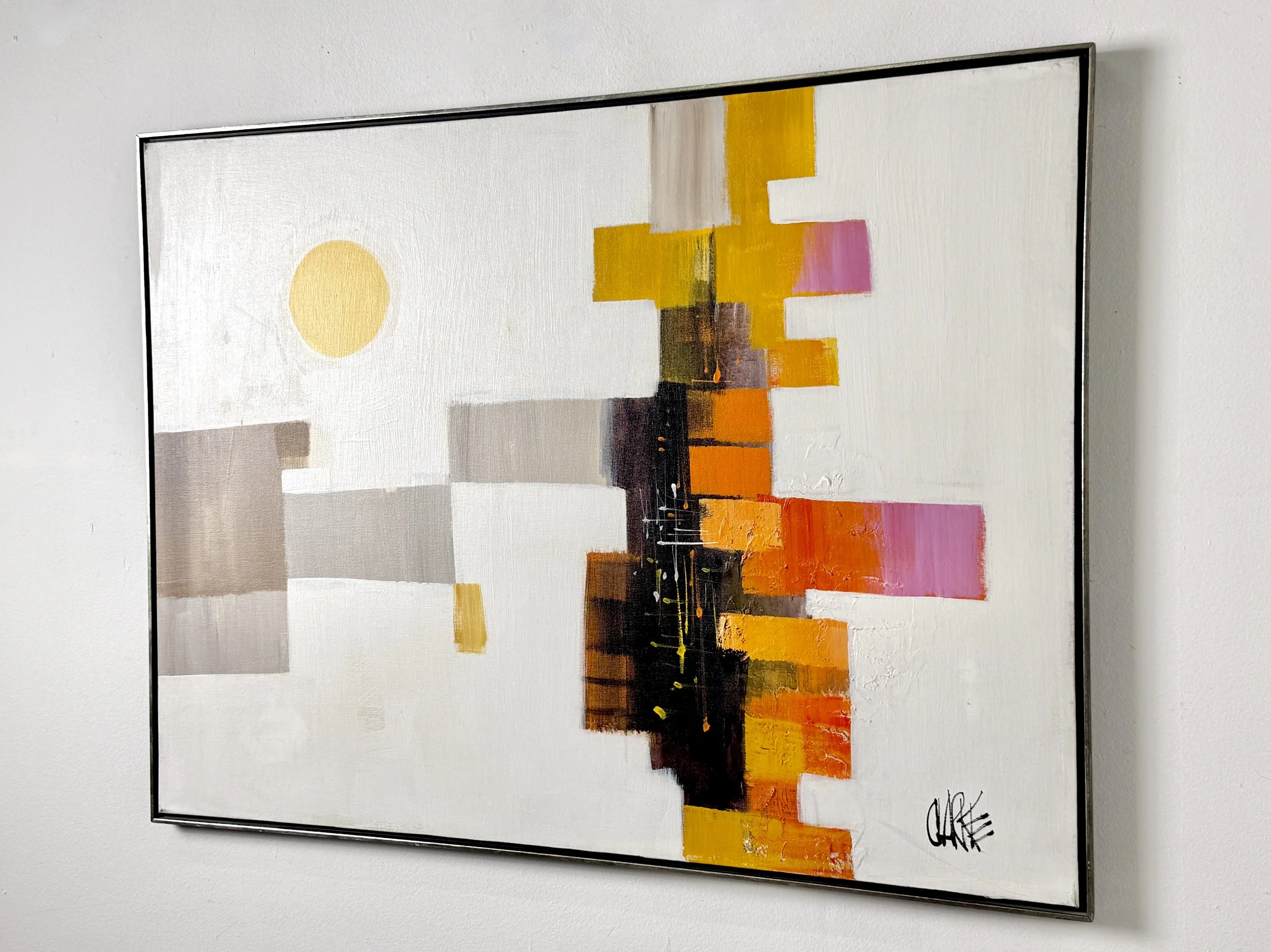 vintage mid century modern detroit michigan original abstract modernist oil painting large cityscape colorful art wall art geometric landscape colorblock painting