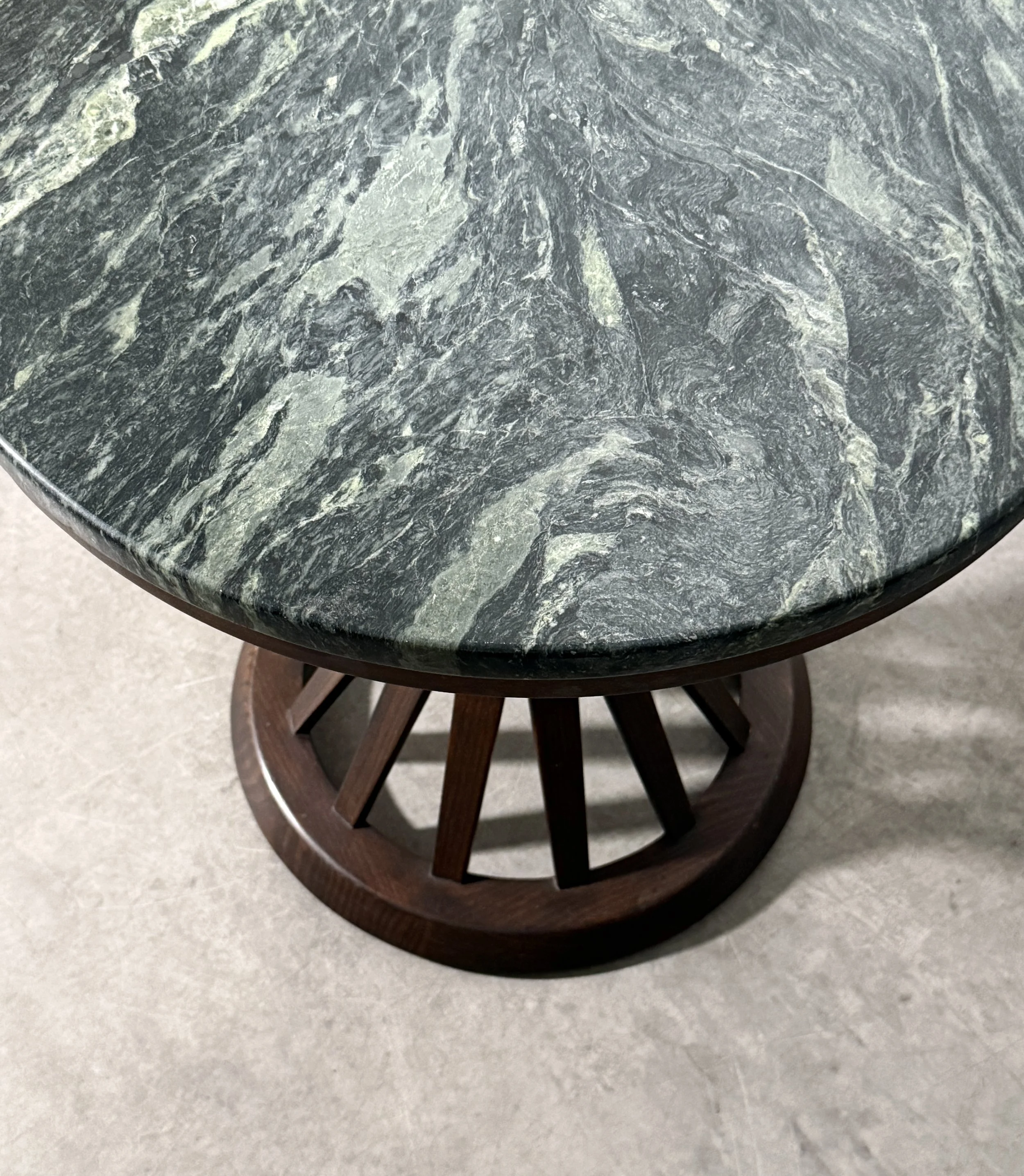 vintage mid century modern round side table green marble dark wood sculptural side table rare unique table occasional table edward wormley dunbar italian marble side table vintage modern table