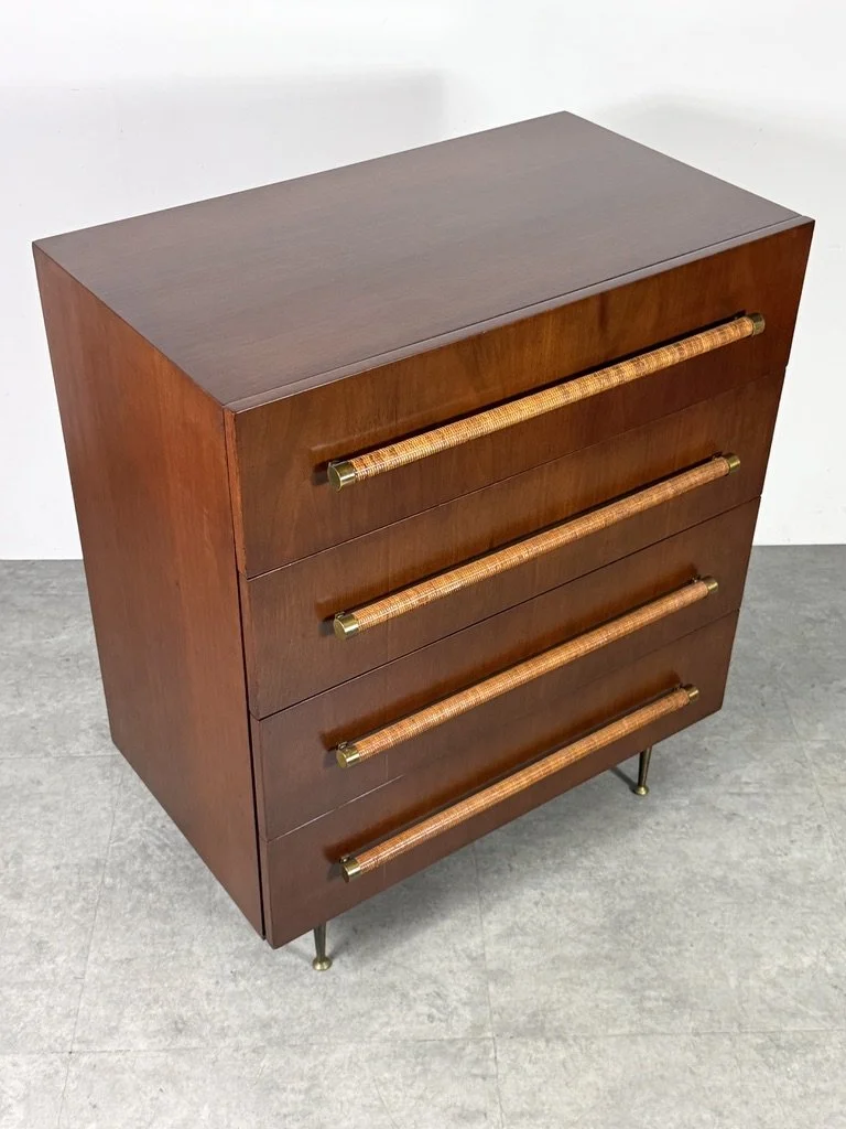 vintage mid century modern original robsjohn gibbings widdicomb dresser chest of drawers, dunbar dresser, brass leg italian dresser, cane handles 1950s