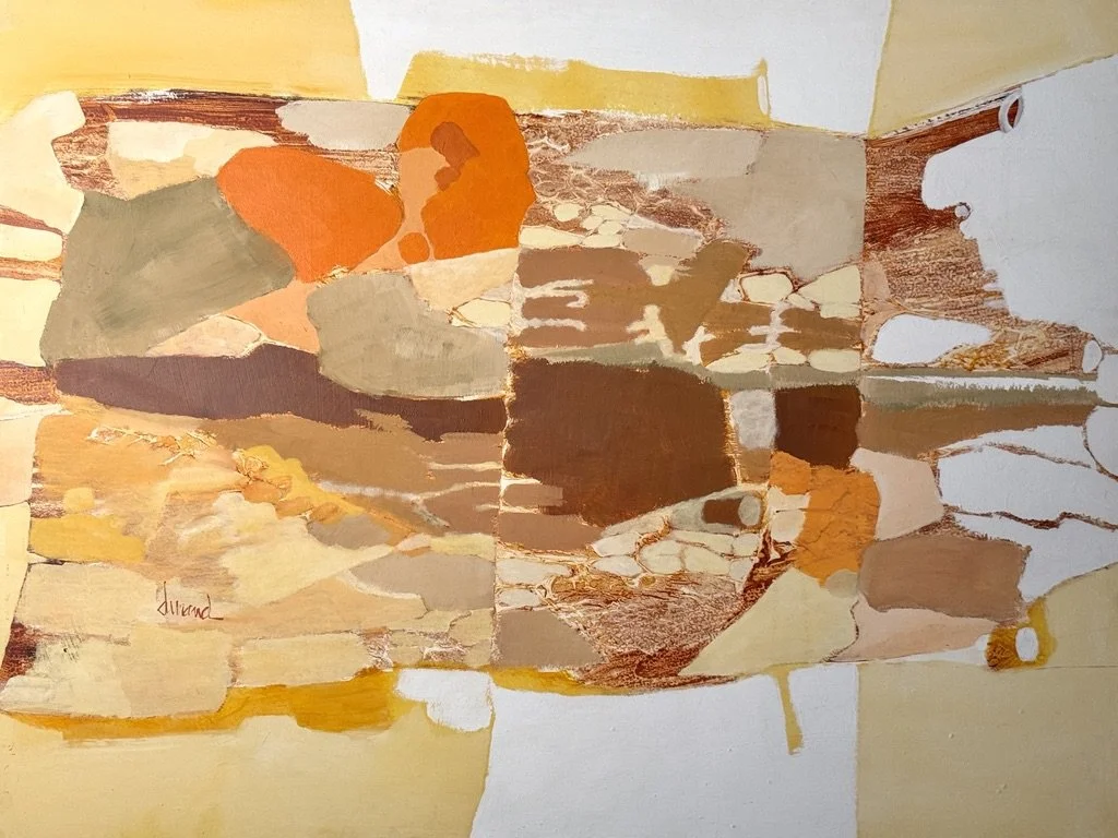 vintage mid century modern abstract organic color block oil painting on canvas signed Joel Durand large earth tone muted orange painting