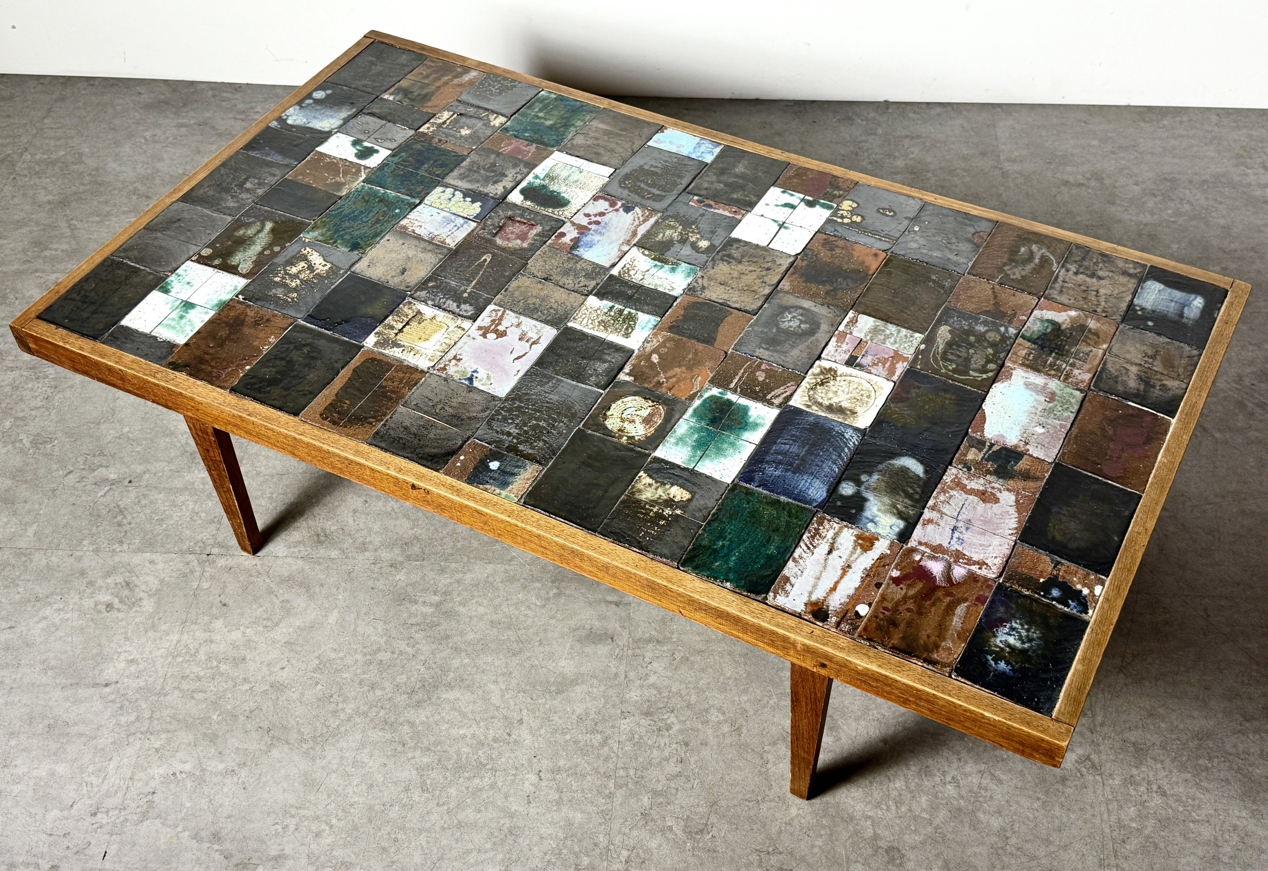 mid century modern mosaic ceramic tile brutalist coffee table glazed pottery paul evans rectangular teak table artist made hand crafted low table