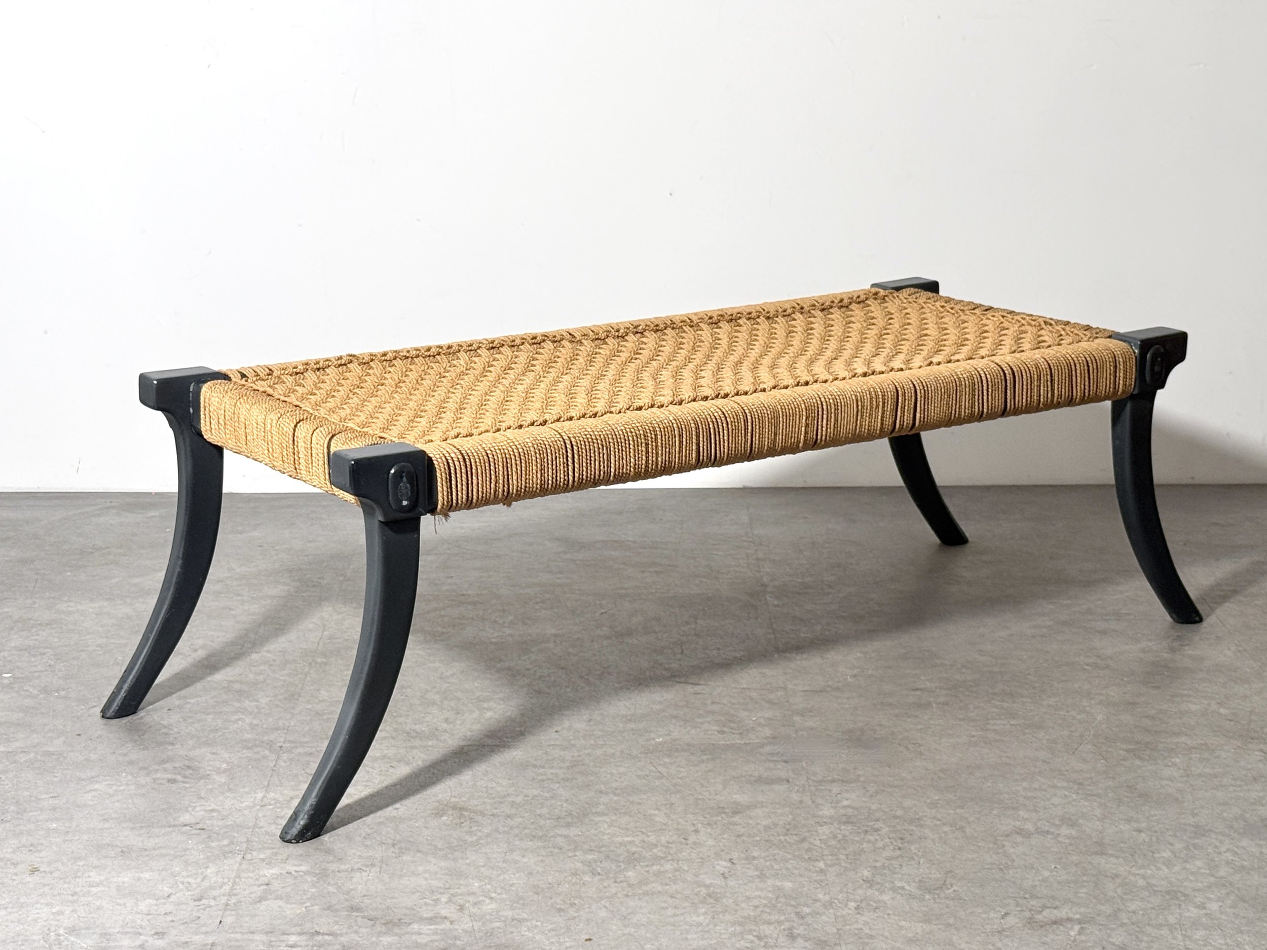 vintage mid century modern sculptural bench greek klismos leg robsjohn gibbings widdicomb saber leg sabre leg unique rare rope woven cord seat entryway bench