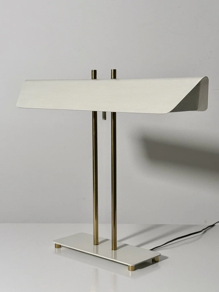vintage mid century modern desk lamp paul mccobb table lamp white enamel brass canopy desk lamp 1950s architectural modern table lamp perforated greta von nessen studio rare