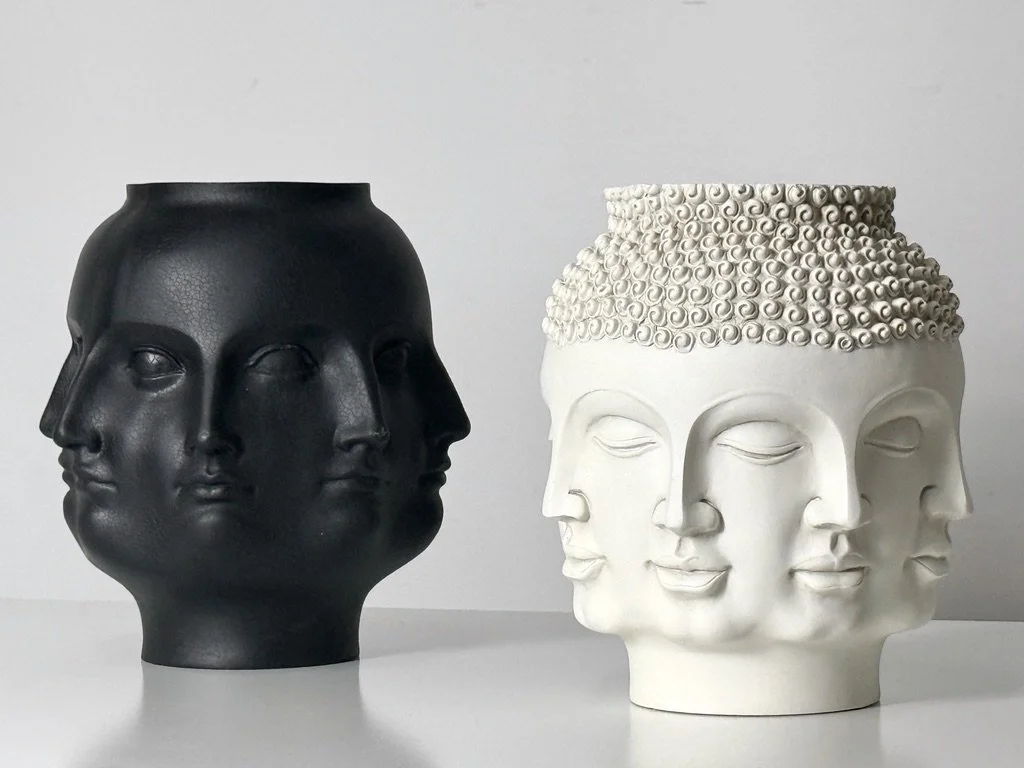 vintage mid century modern black ceramic face vase fornasetti vase unique decorative sculpture surrealist pop art conversation piece multi face vase