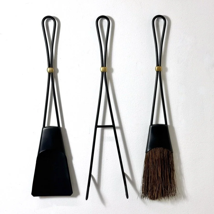 mid century modern fireplace tool set danish fire tools rare set of fire tools scandinavian Dansk fireplace tools Jens Quistgaard modernist wall mounted hanging fire tool set