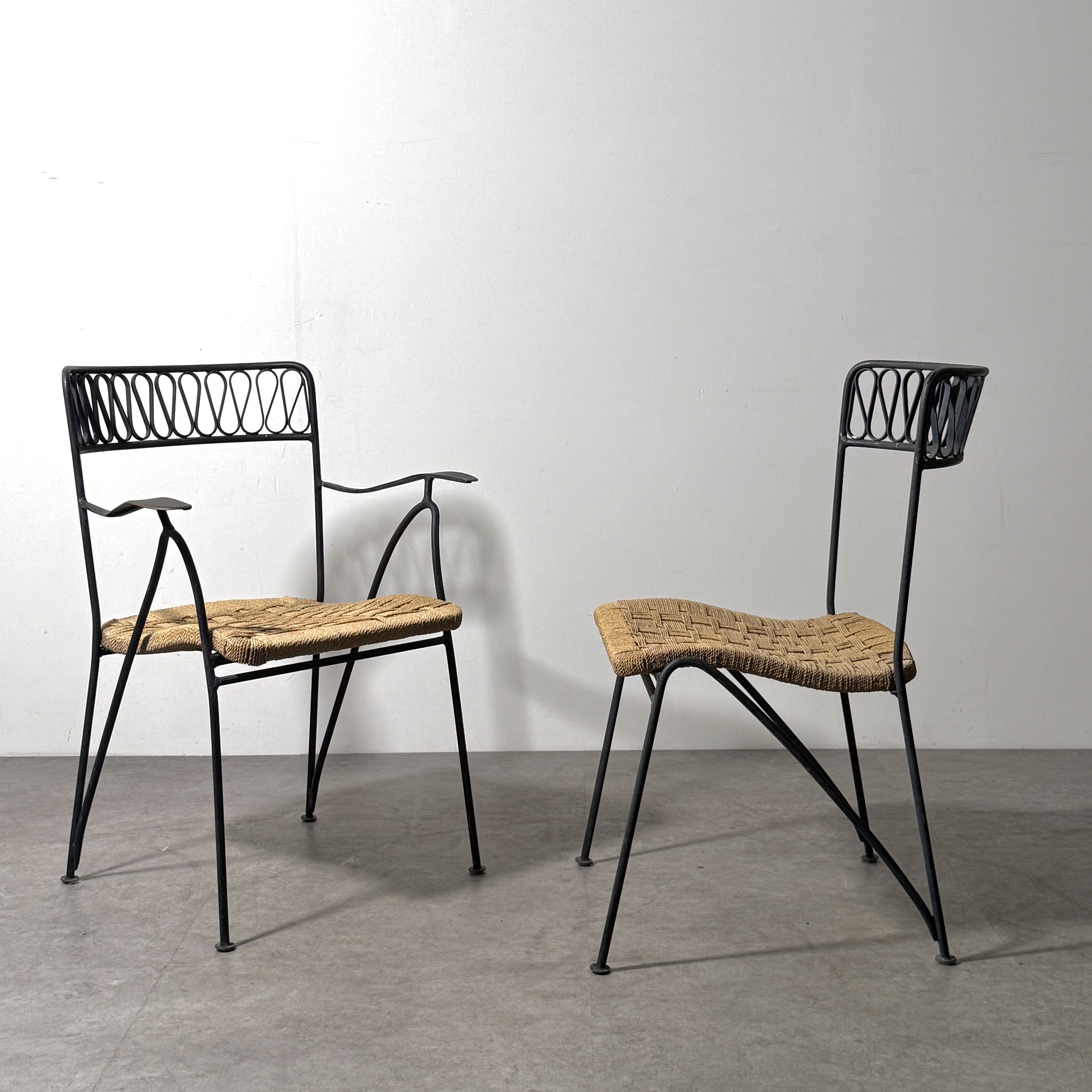 vintage mid century modern italian outdoor dining chairs wroght iron woven seat bistro chairs tempestini salterini ribbon chairs set rare italian outdoor chairs sculptural iron patio chairs