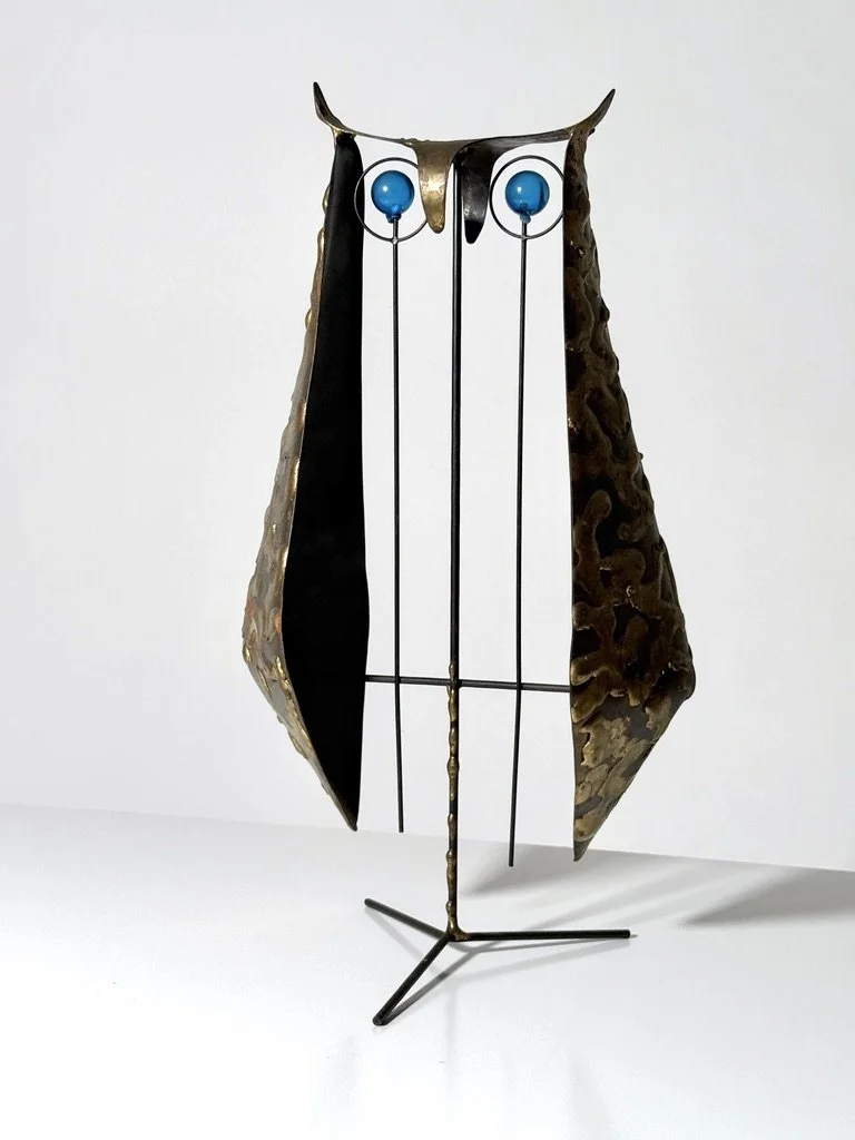 vintage mid century modern brutalist brass metal owl sculpture rare unique mexican curtis jere owl abstract wire sculpture 1960s