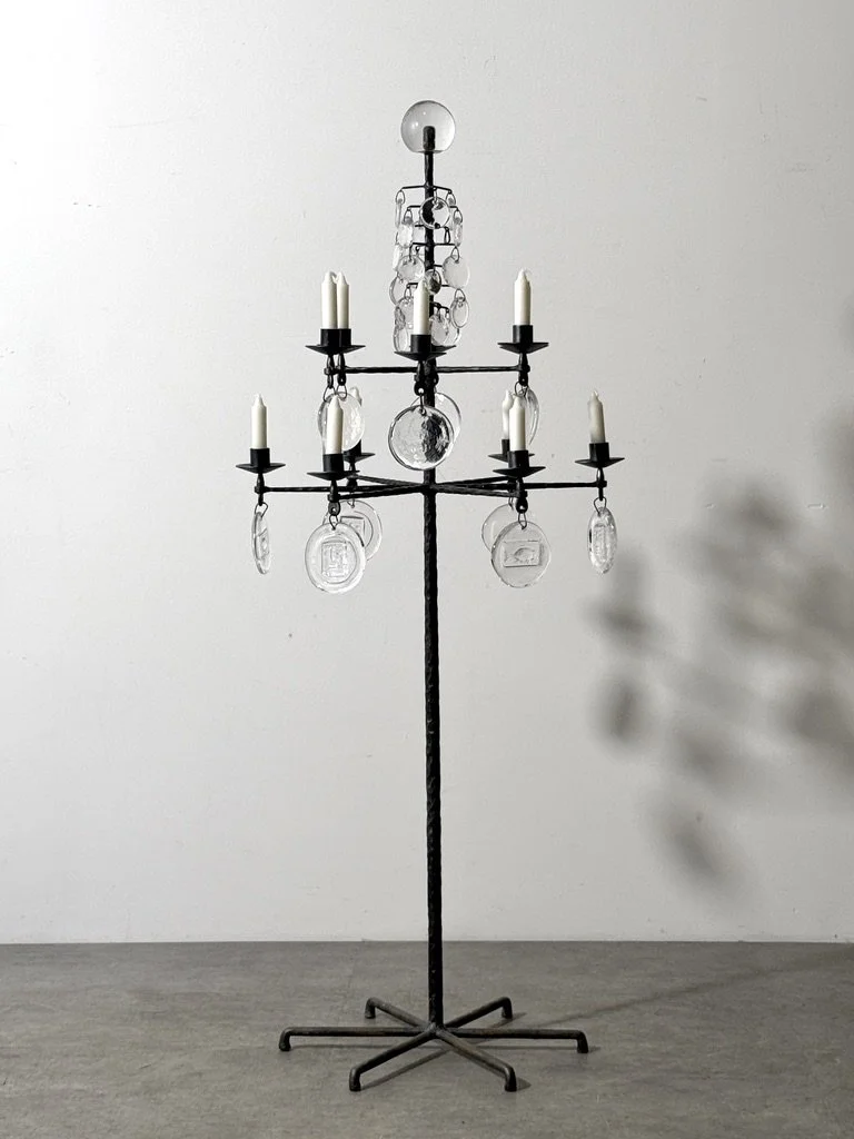 vintage mid century modern brutalist floor lamp floor standing candelabra candelabrum rare unique gothic forged iron hammered iron glass pendant chandelier floor lamp