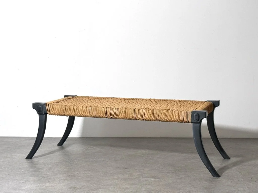 vintage mid century modern sculptural bench greek klismos leg robsjohn gibbings widdicomb saber leg sabre leg unique rare rope woven cord seat entryway bench