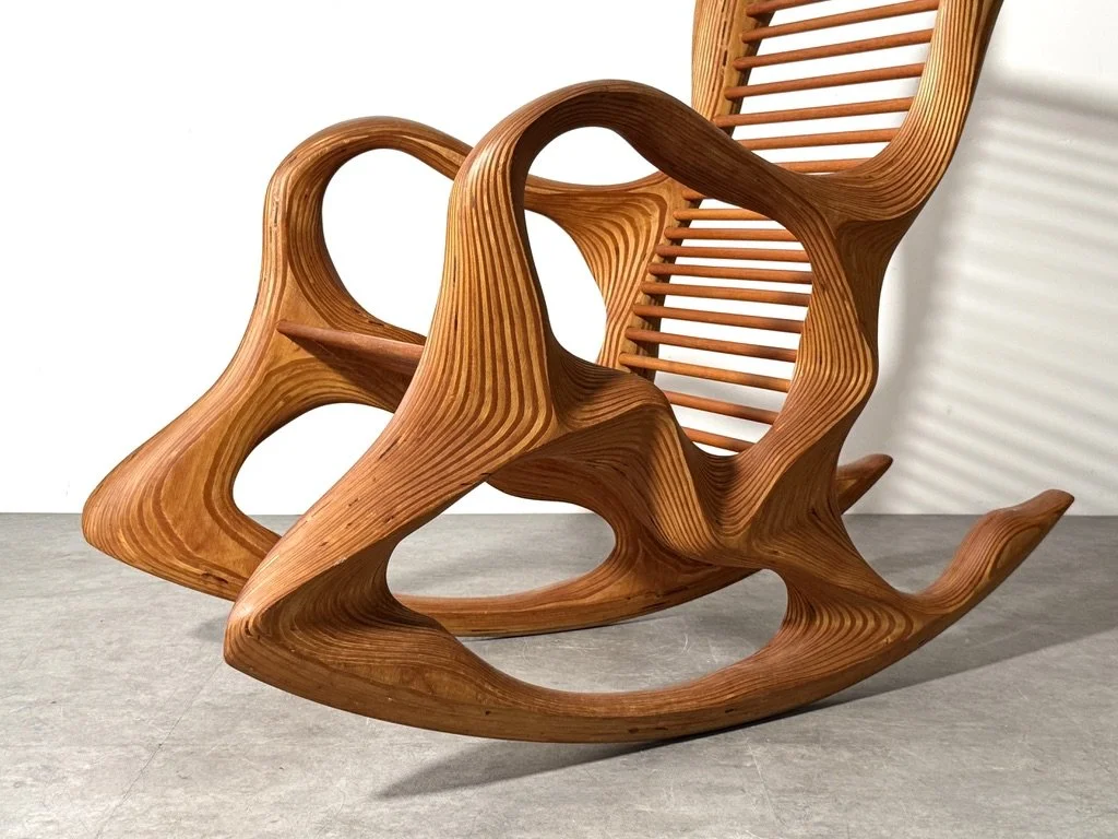 vintage mid century modern organic studio craft rocking chair wendell castle vladimir kagan american craft sculptrural chair hand crafted artist made signed one of a kind chair