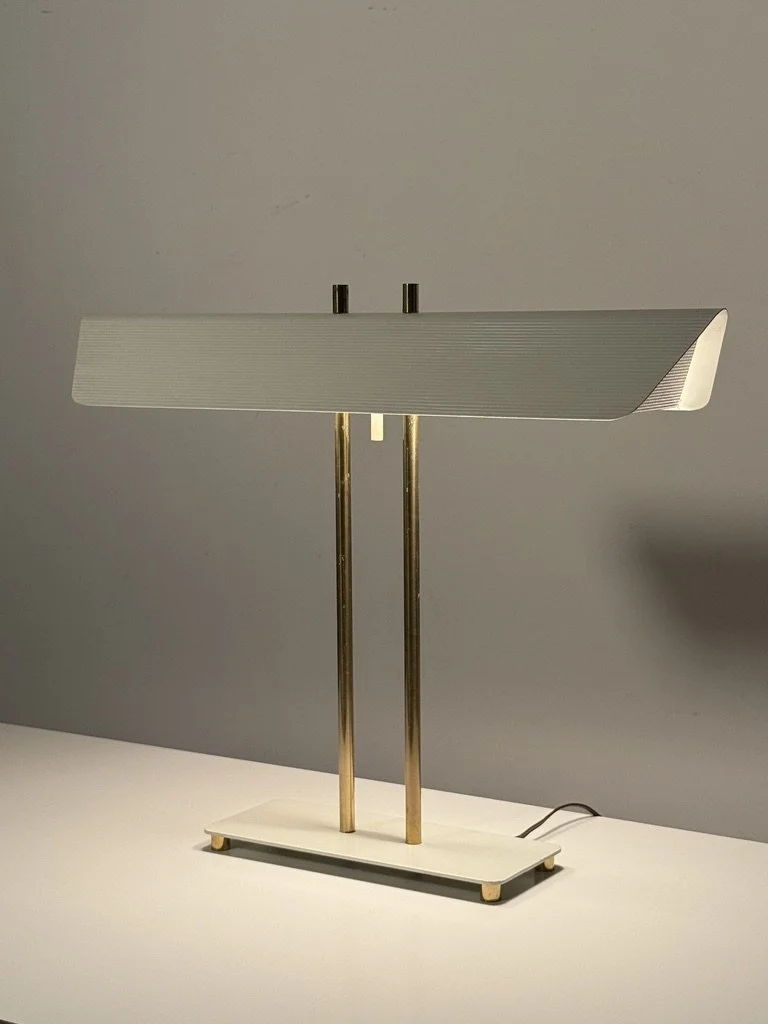 vintage mid century modern desk lamp paul mccobb table lamp white enamel brass canopy desk lamp 1950s architectural modern table lamp perforated greta von nessen studio rare