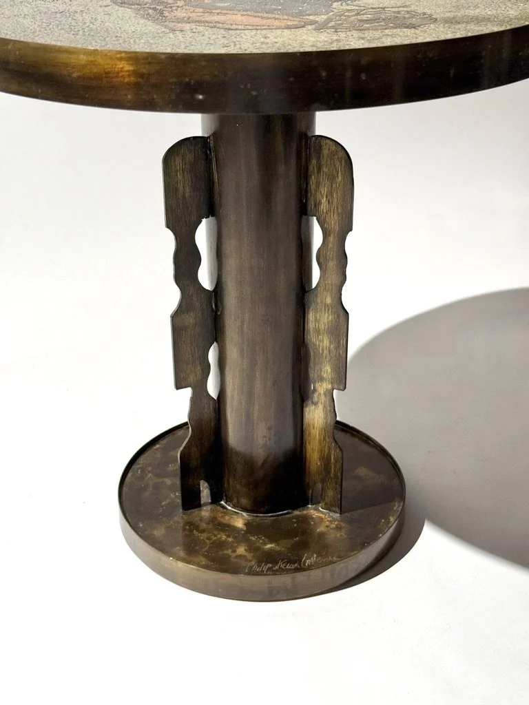 mid century philip and kelvin laverne brass side table pedestal table patinated acid etched bronze round occasional table picasso antique sculptural side table