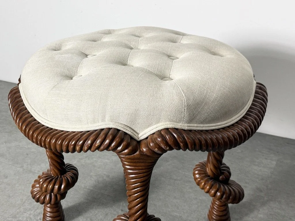 vintage mid century modern unique sculptural rare vanity stool carved wood rope knot twist decorative occasional stool bunny williams rope stool ballard designs