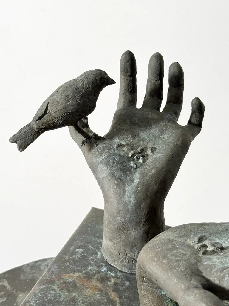 vintage mid century modern bronze totem floor sculpture birds hands bronze abstract surrealist sculpture unique garden outdoor sculpture organic rare stephen veresh